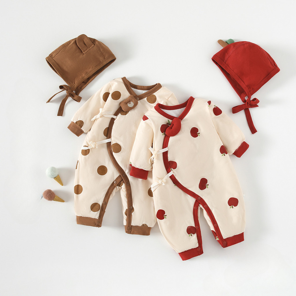 Bộ áo liền quần Cotton ấm áp dày mùa thu đông 0-1 tuổi Áo liền quần + mũ cho bé trai và bé gái sơ si
