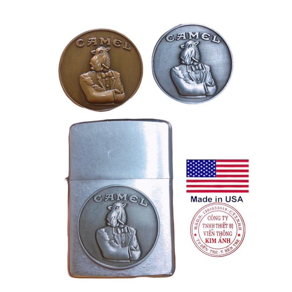 Tấm Eblem trang trí Zippo Mỹ chủ đề CAMEL, Chất liệu hợp kim nhôm , Zin nhập Mỹ