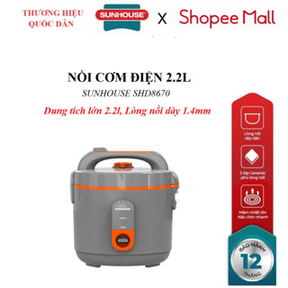 NỒI CƠM ĐIỆN 2.2L SUNHOUSE SHD8670, Công suất 900W, Dung tích  2.2, Lòng nồi phủ chống dính Ceramic 2 lớp, dày 1,4mm