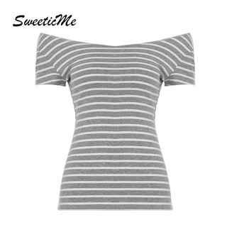 Áo Nữ SweeticMe 2025 Thời Trang Mới Sọc Màu Sắc Tương PhẢN Slim Fit Off Shoulder 