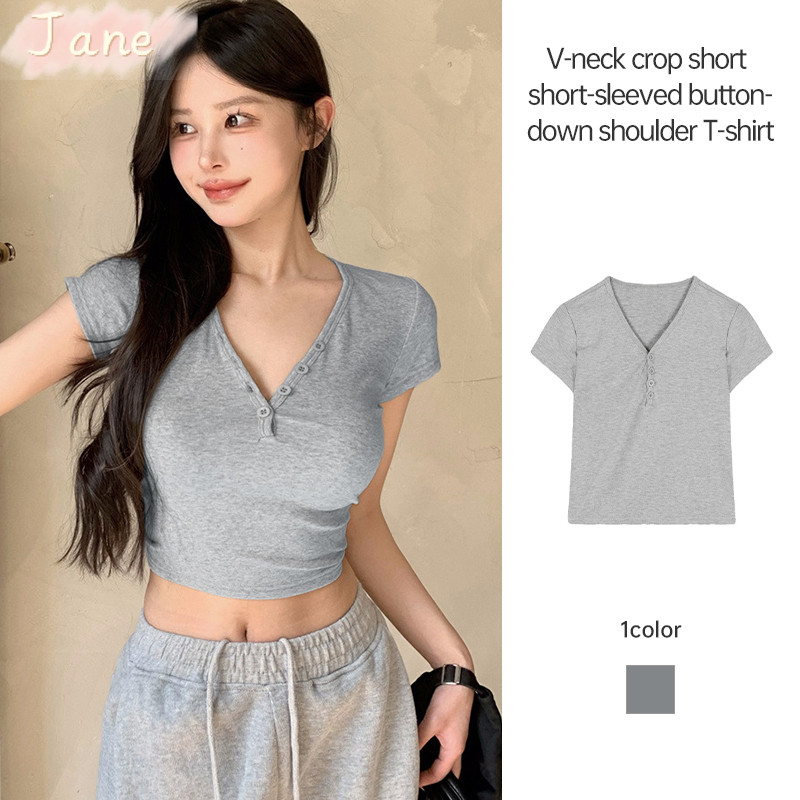 Áo thun ngắn tay cổ chữ V dành cho nữ Sweet Cool Top Bare Navel Slimming JN