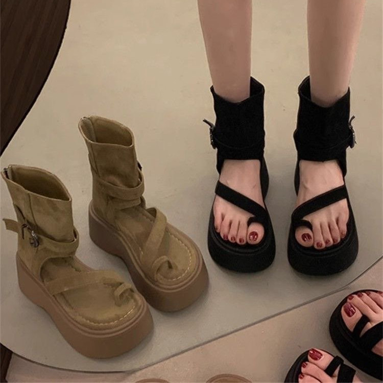 Hàn Quốc hệ thống Vintage dày đế La Mã mát khởi động mùa hè thời trang thiết lập tăng chiều cao trở lại Zip Ladies Casual Anti-Slip High Pack Sandals Factory giá bán buôn