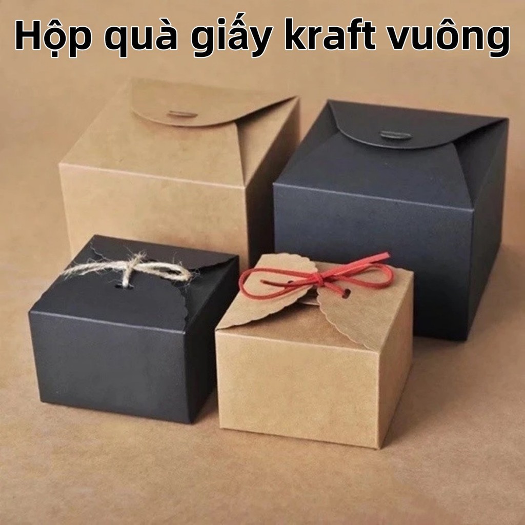 Hộp quà  kraft vuông mini nắp cài thắt nơ Vintage kèm rơm lót, hộp giấy kraft RAMEN