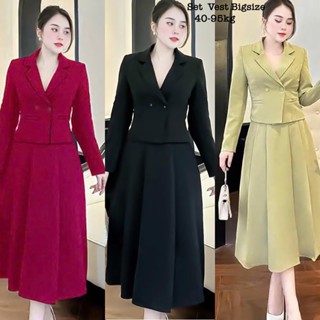 Set Bigsize Nữ Áo Cổ Vest Mix Chân Váy Xòe Lụa Chéo Thái Thiết Kế Dự Tiệc Nữ Cao Cấp Xinh Đẹp Sang Trọng 50-95kg