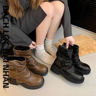 Giày bốt Martin đen đế bệt nữ phong cách Maillard