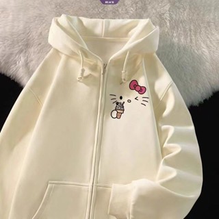 Phiên bản Hàn Quốc của Áo len Cardigan có mũ trùm đầu Hello Kitty dễ thương dành cho nữ Xuân Thu Áo khoác phần mỏng mới [BL]