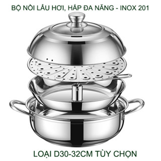 Bộ nồi lẩu hơi, nồi hấp đa năng bằng inox 201, đáy 3 lớp dày dặn dùng được cho bếp từ (mẫu mới 02)