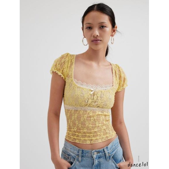 Dance1o1-nữ Cổ Chữ U Trumpet Tay Ngắn Nơ Crop Top