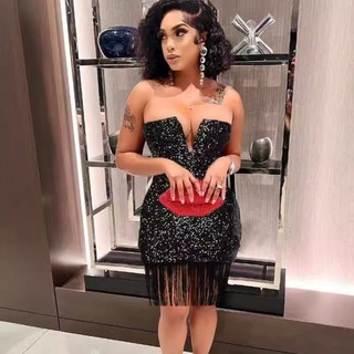 Váy ống cổ chữ V gợi cảm thời trang váy sequin tua rua hông
