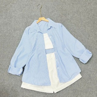 Set 3 Món Bigsize Nữ Áo Sơ Mi Kẻ Sọc Kèm Áo Quây Quần Đùi Năng Động Mùa Hè Cho CHubby