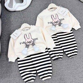  Bộ NỈ LÓT LÔNG NHUNG dày ấm bộ quần áo dài tay thu đông họa tiết thỏ cho bé gái size 6-16kg 