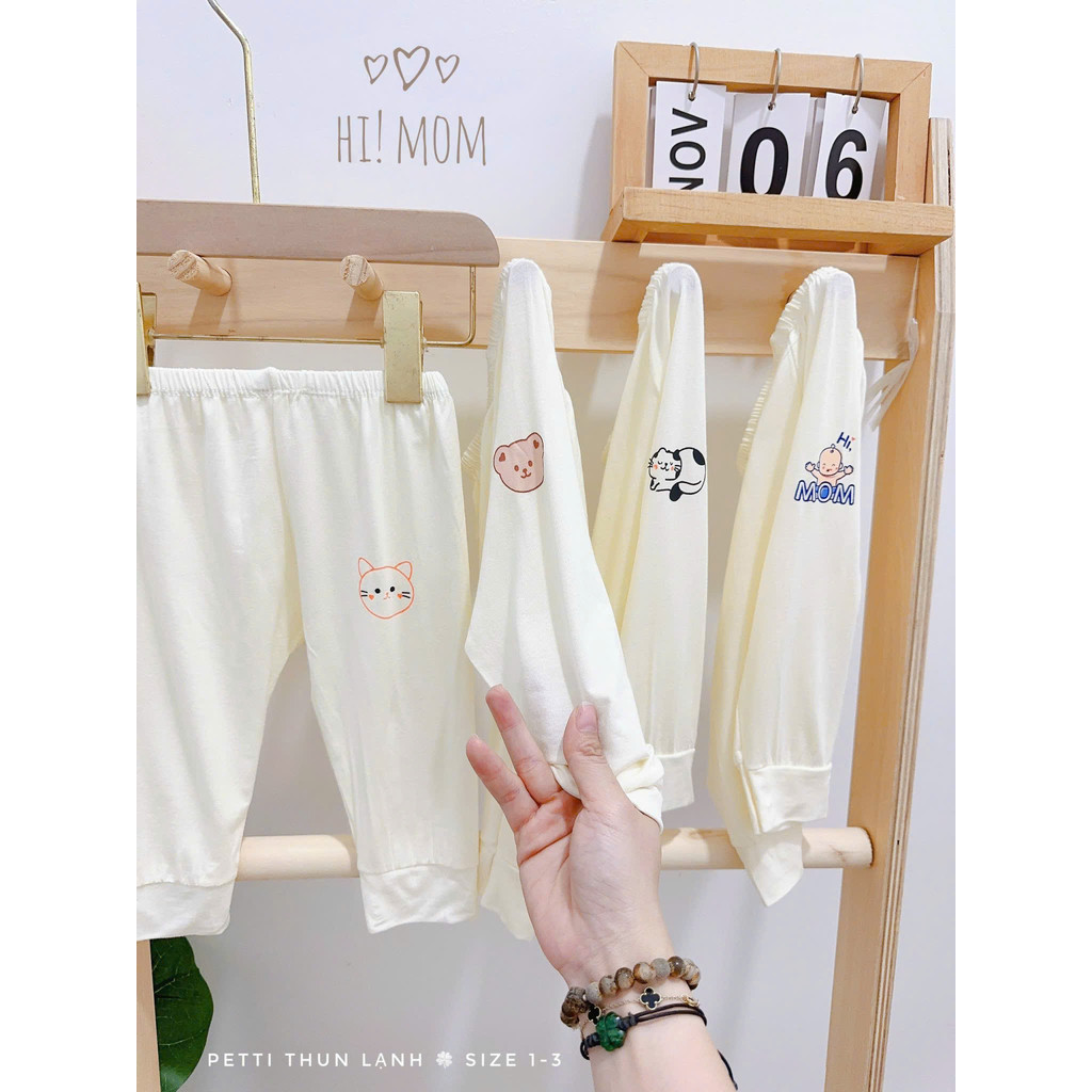 Quần Dài Chục Sơ Sinh Đáp Đũng Chất Petit Mềm Mát Nền Kem Trơn Hình Cho Bé Sơ Sinh Bé Trai Bé Gái 0-9m (3-9kg) Hi Mom