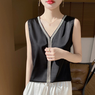 Áo ba lỗ lụa Satin thời trang – Áo không tay cổ chữ V dáng rộng vừa vặn màu trơn