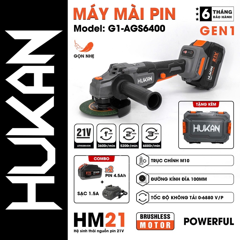 Máy mài pin HUKAN HK-AGS6400, 3 tốc độ, Động cơ Không chổi than, Tặng 1 đá cắt