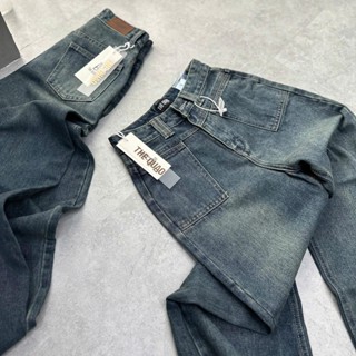 THE QUẠO - Quần Jeans Nữ Lưng Cao Ống Rộng Túi Vuông Màu Xanh Đậm Bụi R2210_544