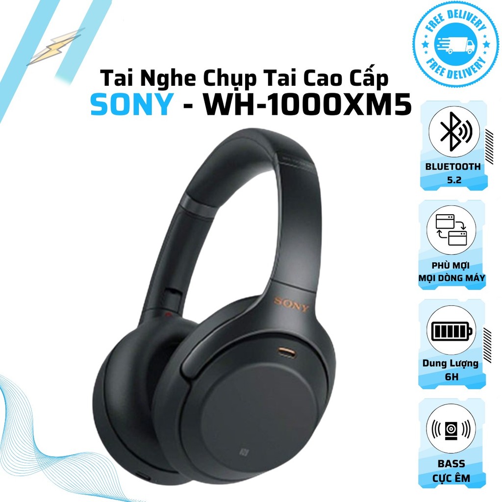 Tai Nghe Chụp Tai Sony WH-1000XM5 Không Dây Cao Cấp, Bluetooth 5.2. Sạc Nhanh, Chống Ồn, Tích Hợp Micro, Chất Lượng Âm