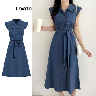 Đầm Lovito nút trước phối túi có thắt lưng màu trơn thường ngày cho nữ L74ED303