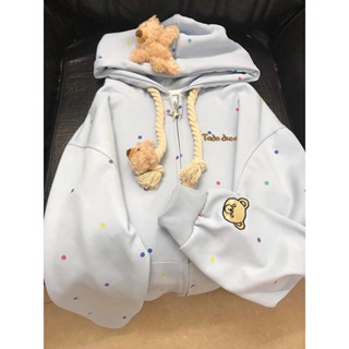 Áo hoodie liền mũ Gấu nhung có thể tháo rời chấm bi dễ thương Jiashucheng Áo Khoác Nam Áo cardigan lót nhung thu đông nữ sành điệu