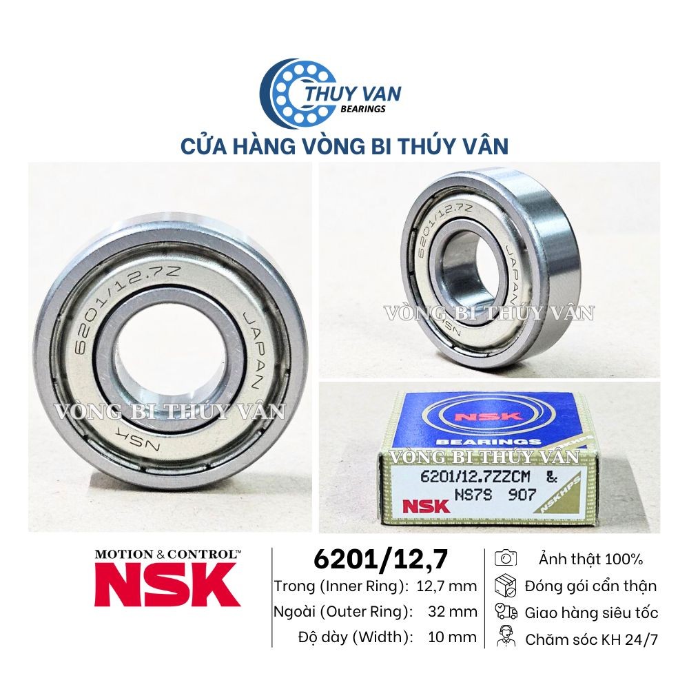 Vòng bi bạc đạn hạt tròn nhỡ 6201 lỗ trong 12.7, 6201/12.7(12.7x32x10)phớt kim loại, cao su hãng NSK