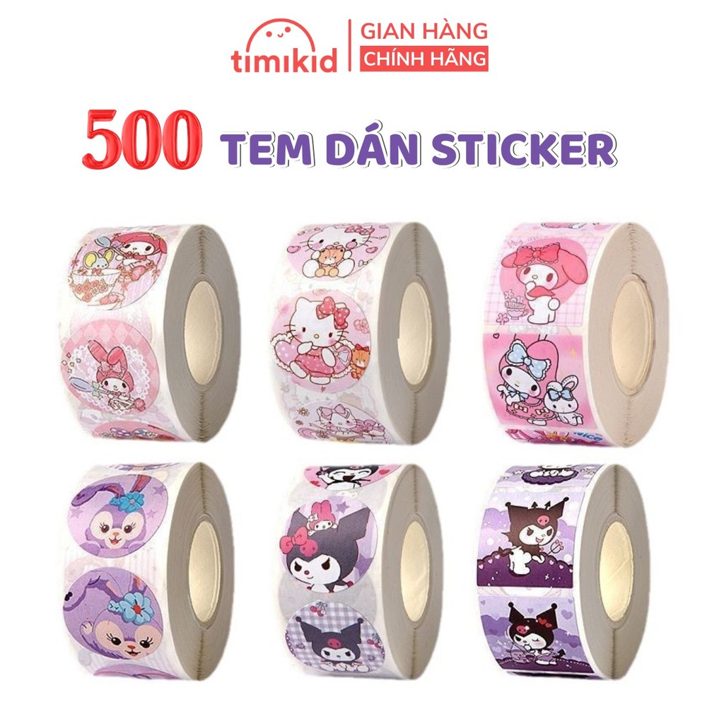Cuộn 500 Miếng Dán Sticker Hoạt Hình Ngộ Nghĩnh, Tem Dán Quà Tặng Cho Bé Kuromi, My Melody, Kitty, StellaLou - Timikid