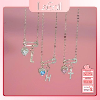 LASOIL - Dây chuyền nữ bạc 925 Safety Pin trái tim nhiều màu phối chữ, Vòng cổ Ghim đính đá chữ cái