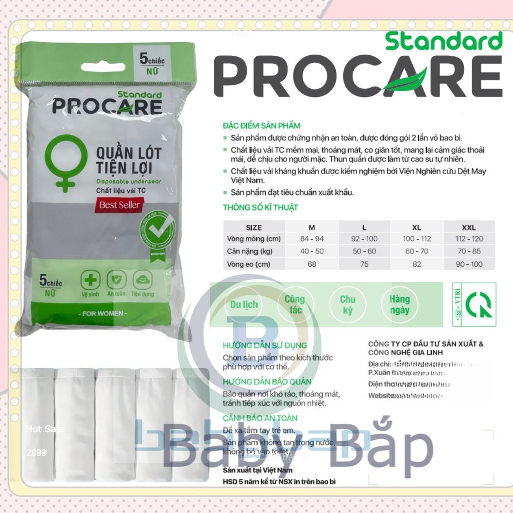 Quần Lót Miễn Giặt TC Procare Nữ Size XL/XXL Chỉ Sử Dụng Được 1 Lần