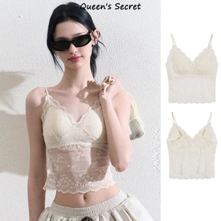 [Queen Secret] Áo hai dây ren trắng dành cho nữ có miếng đệm ngực Dây đeo vai mỏng Crop Top