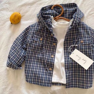 Áo khoác kẻ caro có mũ cho trẻ em TIINGXUYU, phong cách Hàn Quốc mới cho bé trai và bé gái, thời trang mùa xuân thu