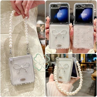 Ốp lưng trong suốt nơ thời trang Samsung Galaxy Z Flip 6 Z Flip 5 Z Flip 4 Z Flip 3 Vỏ có vòng tay ngọc trai Dây đeo cổ tay Vỏ chống sốc Flip6 Flip5
