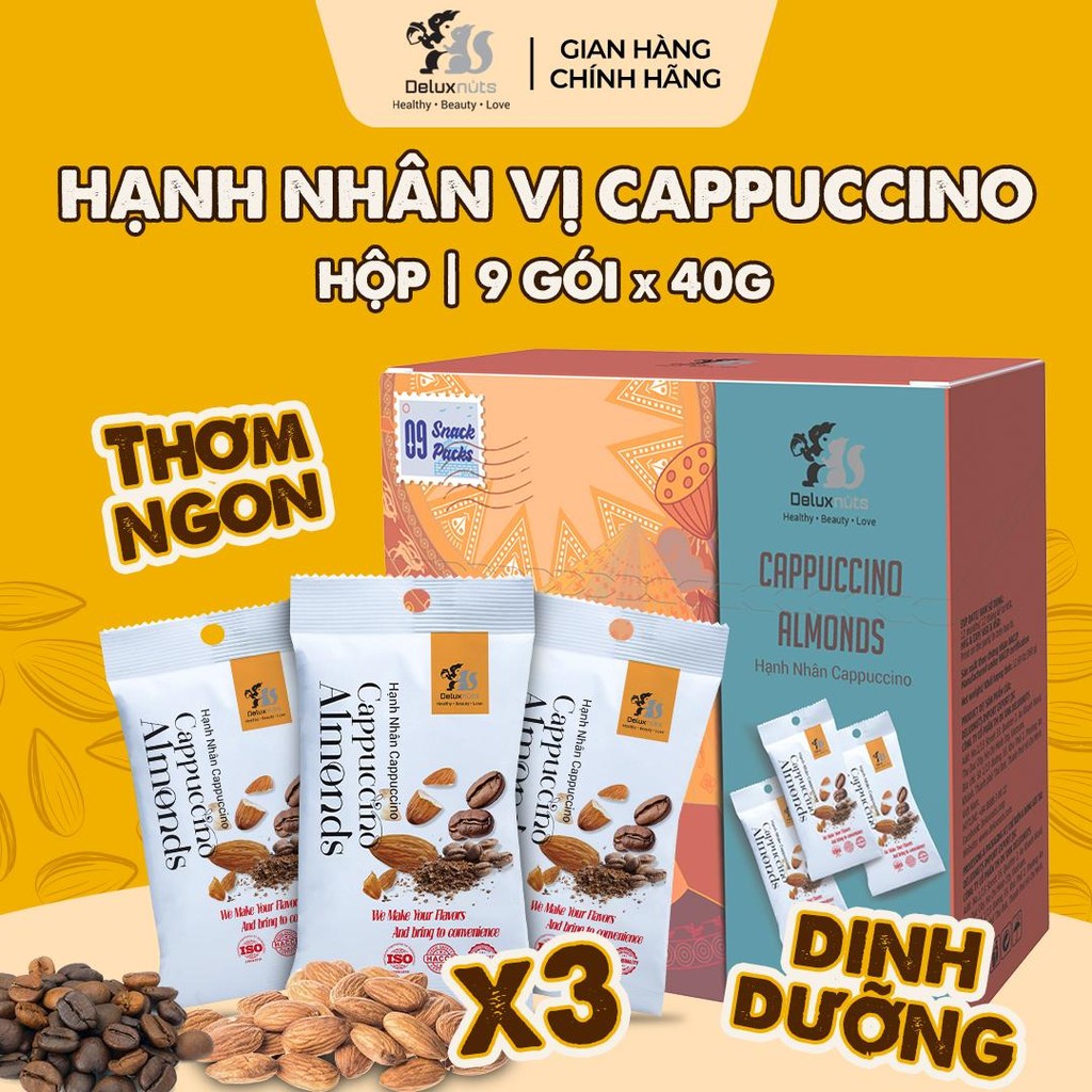 [Hỏa tốc] Hộp 9 Gói Hạnh Nhân Vị Cappuccino Deluxnuts | Hạt Dinh Dưỡng, Snack Ăn Vặt (Tổng Trọng Lượng 360g)
