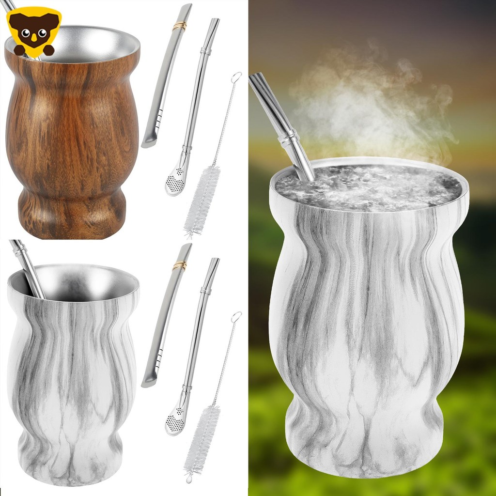 8oz Yerba Mate Cup Thép không gỉ Mate Bộ cốc trà có bàn chải rơm Thìa rơm phẳng Ống hút và nắp cách 