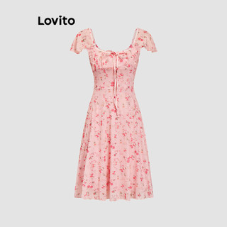 Đầm Lovito họa tiết hoa phối nơ may gấp vải thời trang thường ngày cho nữ L89ED048