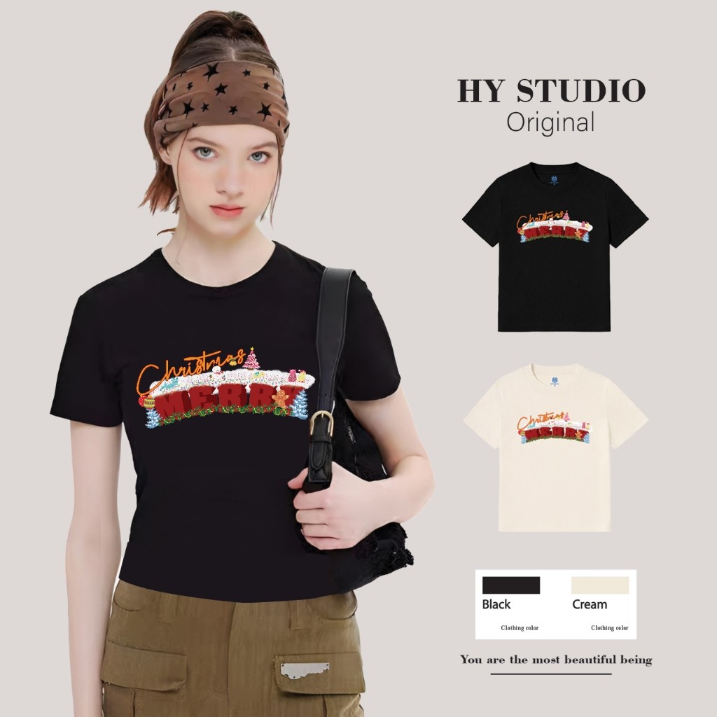Áo baby tee HY KORÉ Christmas 1631 vải cotton cổ tròn in graphic