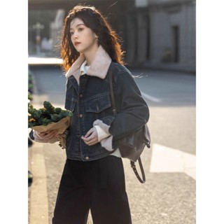 Phiên Bản Hàn Quốc Lông Cổ Áo Khoác Denim Mùa Đông 2024 Phong Cách Mới Nhỏ Rời Thường Ngày Lót Lông Cừu Áo Khoác Dày Hàng Đầu Nữ