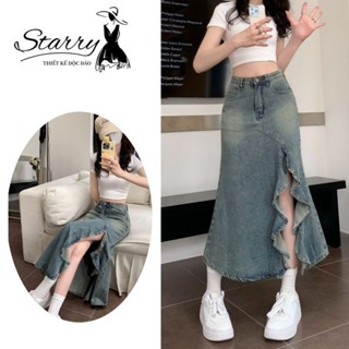 2025 starry Chân Váy Đuôi cá xẻ không đều váy denim nữ retro màu Dáng Dài Siêu Tôn Dáng Hàn Quốc