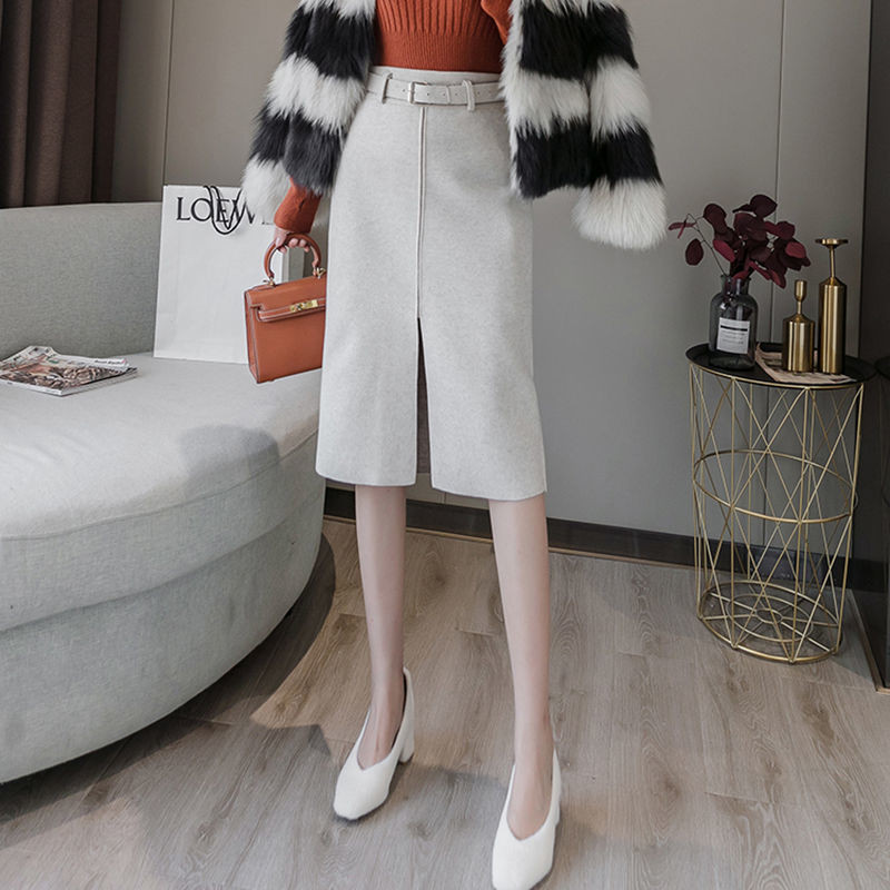 Váy nỉ màu trơn phối thắt lưng Jiashucheng váy chữ A ôm dáng mùa thu đông mẫu dài vừa cho nữ váy ôm eo cao
