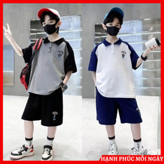 Bộ quần áo hè cho bé trai 18-50kg từ 6-14 tuổi mẫu polo gấu. Đồ bộ mặc nhà bé trai, set quần đùi áo cộc cho trẻ em nam