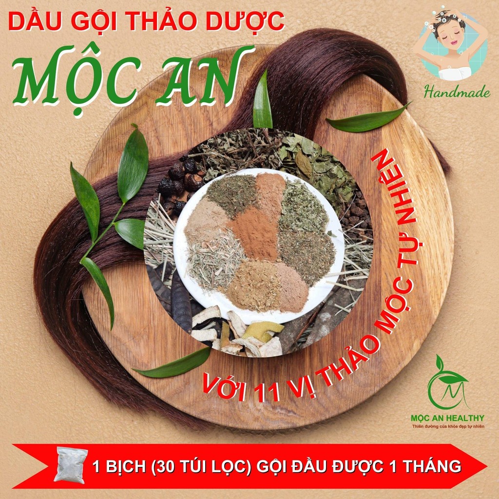 Túi lọc thảo dược gội đầu Mộc An với 11 vị thảo mộc tự nhiên (Bồ kết, Hà thủ ô, Bồ hòn,,…) phù hợp c