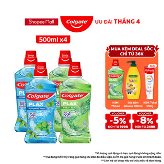 Combo 4 Nước súc miệng Colgate diệt 99% vi khuẩn Plax trà xanh & bạc hà 500ml