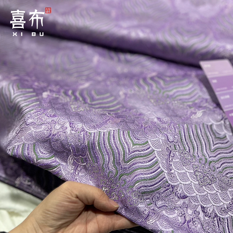 Màu tím nhạt Xanh lá cây hoa văn sóng thanh lịch Vải thổ cẩm mờ / Vải Satin cổ bằng lụa / Vải sườn x