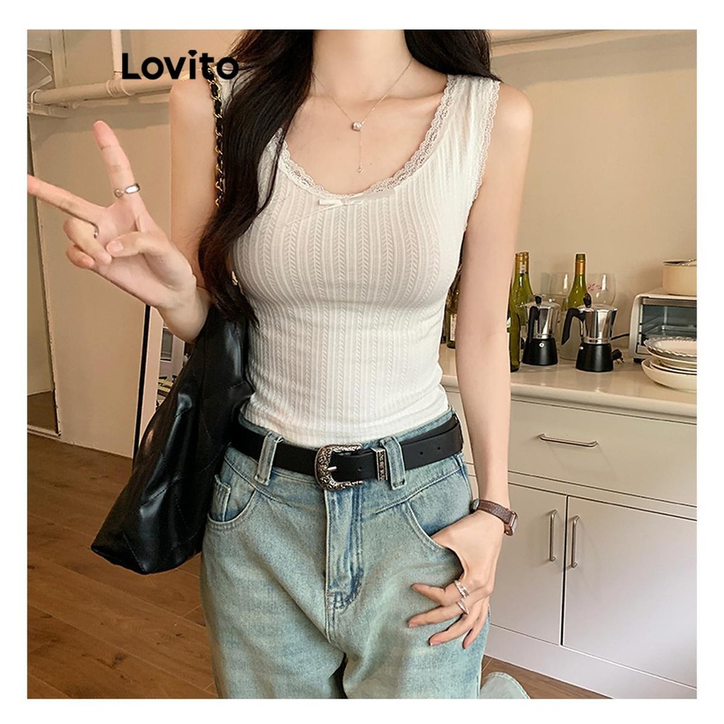 Áo dây Lovito nơ trước phối ren màu trơn thường ngày cho nữ LNE55235 | BigBuy360 - bigbuy360.vn