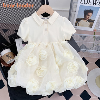  BEAR LEADER Gấu Lãnh Đạo Mới 3D Hoa Pathwork Lưới Tiệc Cưới Bé Gái Công Chúa Váy Phiên Bản Hàn Quốc 3 Đến 8 Tuổi Quần Áo Cổ Tay Ngắn Trẻ Em Mặc Mùa Hè 