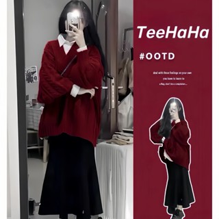 Áo len đỏ giáng sinh Áo len tết 2024 mùa thu và mùa đông mới dệt kim màu đỏ áo len rộng rãi Áo len