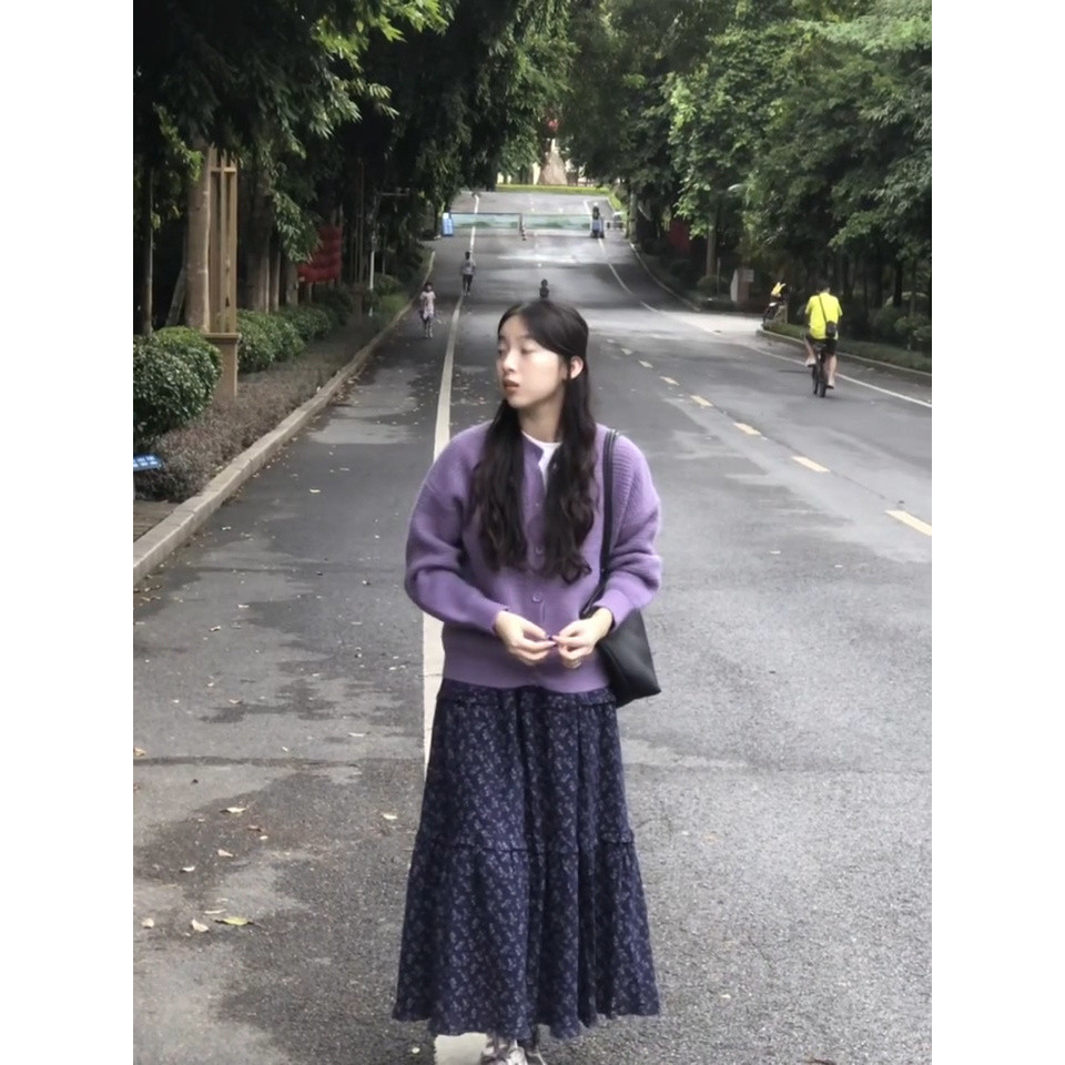 【Bess's house】áo khoác len cardigan+váy hoa nhí, bộ áo dệt kim tím nhẹ nhàng, váy hoa cao cấp, đầu thu 2024 | BigBuy360 - bigbuy360.vn
