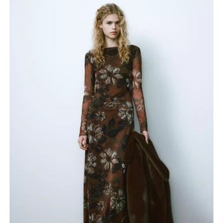 Đầm Zara made in Morocco midi dài tay lưới lụa hoa nâu