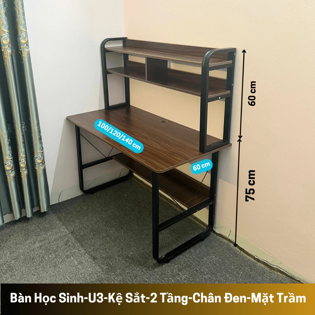 Bàn làm việc kệ sách, Bàn học 2 tầng kệ lửng, bàn chân sắt sơn tĩnh điện mặt gỗ MDF dày 15mm, màu sắc đa dạng | BigBuy360 - bigbuy360.vn