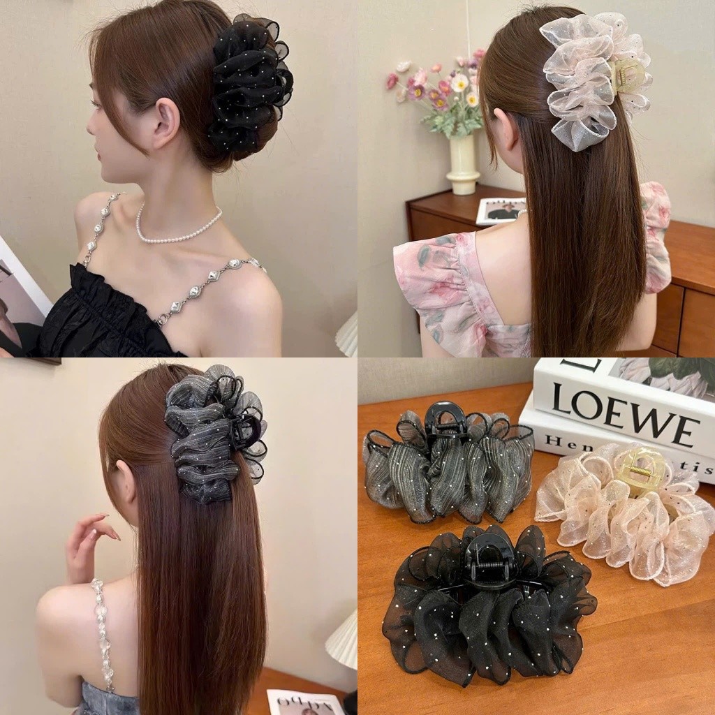 Kẹp Tóc Càng Cua Bản Lớn Nơ Voan Bong Bóng Đính Kim Sa Lấp Lánh Hàn Quốc KV2 Hot