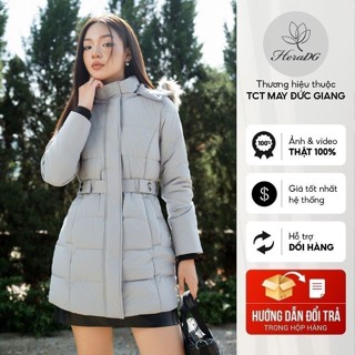 Áo khoác phao nữ trần ngang 3 lớp công nghệ Nano cao cấp HeraDG, dáng lỡ kèm dây đai bấm, mũ và lông tháo rời WJKBD4014