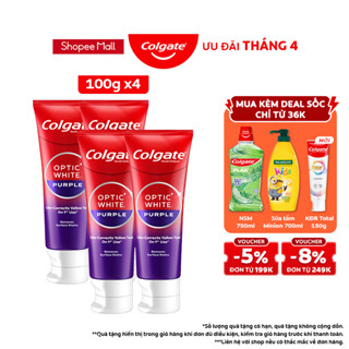 Bộ 4 Kem Đánh Răng Colgate trắng răng Optic White Purple 100g công nghệ sắc tím, trung hòa ố vàng tức thì