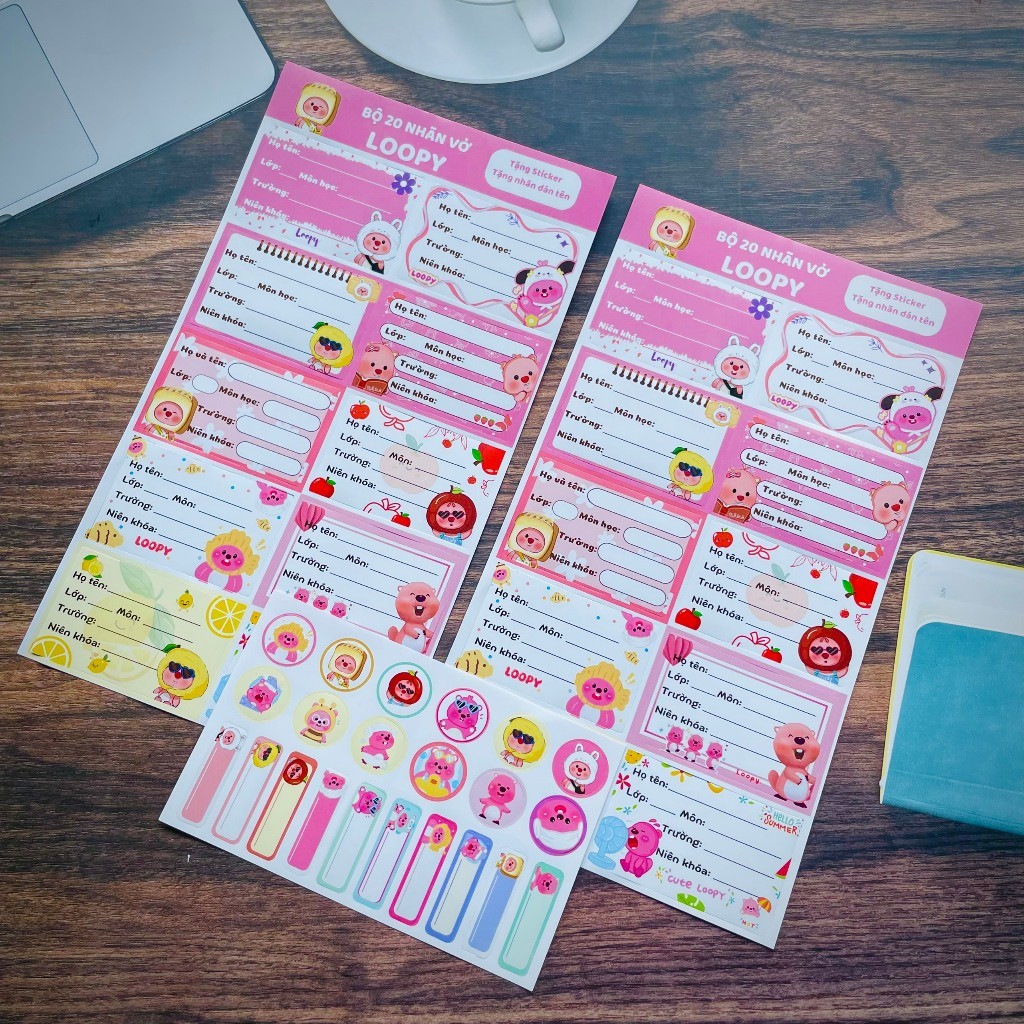 Set 20 Nhãn Vở Bóc Dán Đáng Yêu Tặng Kèm Sticker Bảng Tên Trang Trí Đồ Dùng Học Tập LOOPY